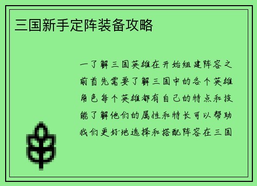 三国新手定阵装备攻略